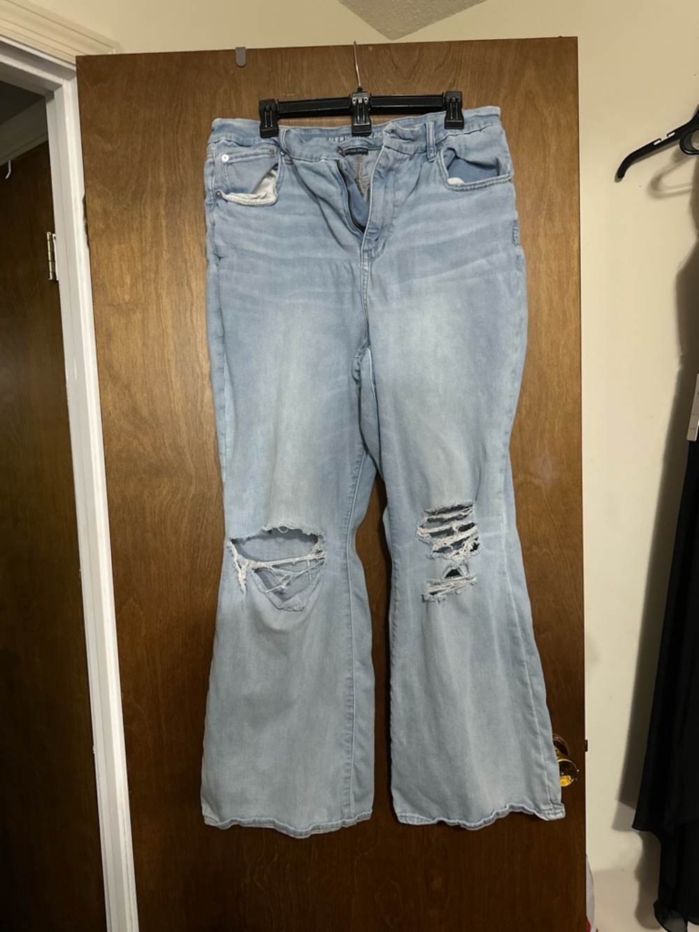 American Eagle Outfitters Light Blue Distressed Curvy Super High-RiseFlare Jeans